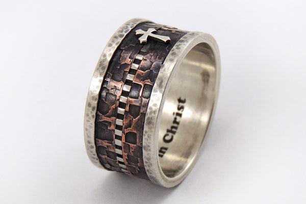 Mens Ring with Cross - Rustic Silver Copper