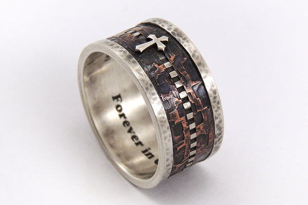 Mens Ring with Cross - Rustic Silver Copper