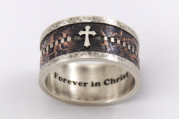 Mens Ring with Cross - Rustic Silver Copper