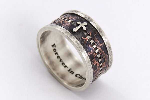 Mens Ring with Cross - Rustic Silver Copper