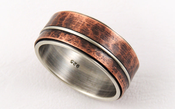 Mixed Metals Men's Wedding Ring, Two-tone Silver and Copper Men's Ring