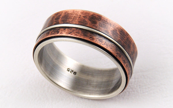 Mixed Metals Men's Wedding Ring, Two-tone Silver and Copper Men's Ring