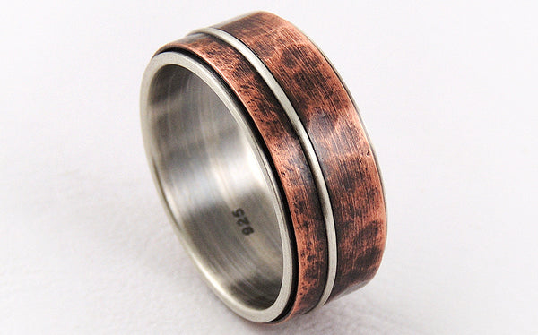 Mixed Metals Men's Wedding Ring, Two-tone Silver and Copper Men's Ring