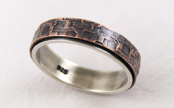 Discover this Handmade Rustic Engagement Ring for Men made of Silver and Textured Copper