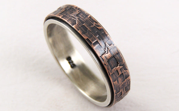 Discover this Handmade Rustic Engagement Ring for Men made of Silver and Textured Copper