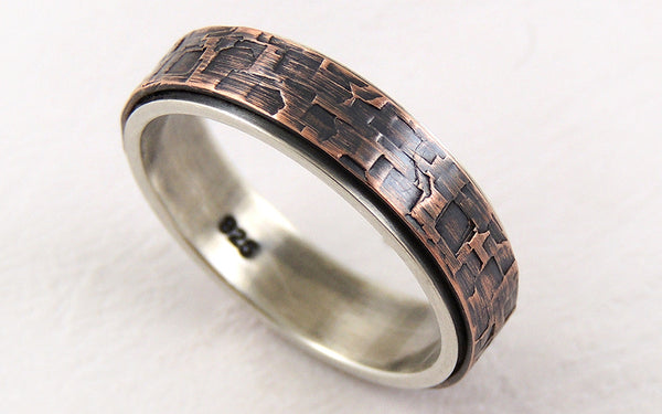 Discover this Handmade Rustic Engagement Ring for Men made of Silver and Textured Copper 