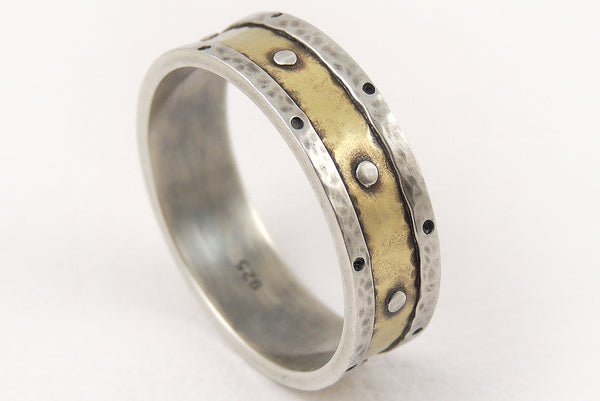 One-of-a-Kind Rustic Silver Gold Wedding Ring handmade of Silver and 14K Gold