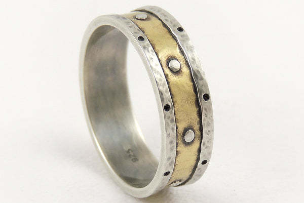 Unique Mens Wedding Ring Band Made of 14K Gold and Silver
