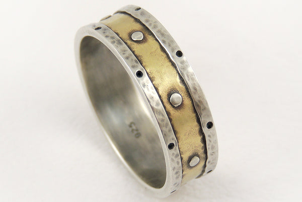 One-of-a-Kind Rustic Silver Gold Wedding Ring handmade of Silver and 14K Gold