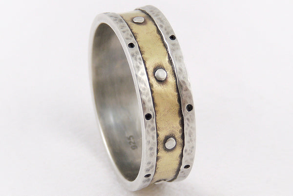 One-of-a-Kind Rustic Silver Gold Wedding Ring handmade of Silver and 14K Gold
