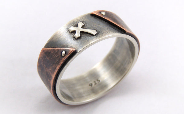 Rustic mens wedding cross ring