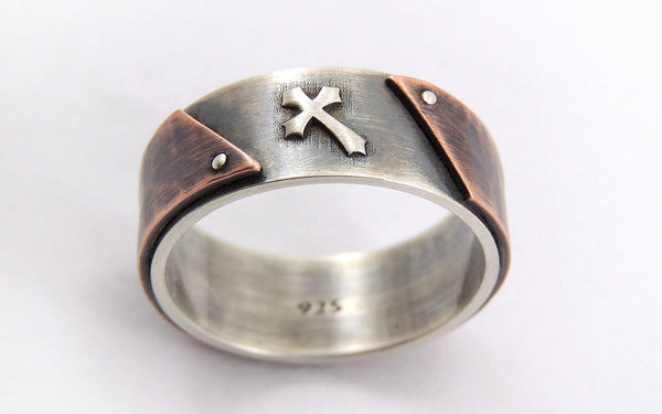 Rustic mens wedding cross ring