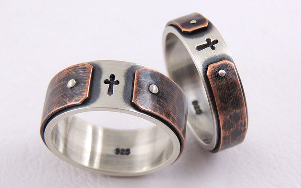 Rustic Wedding Bands Set, Handmade Christian Couple Rings