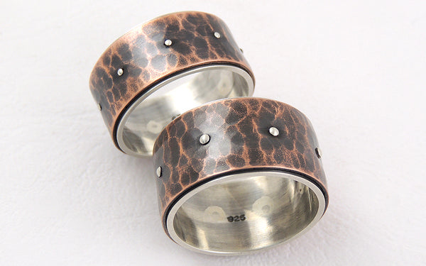 One-of-a-Kind Rustic Wide Wedding Rings Set, Handmade of Silver and Copper