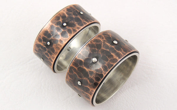 One-of-a-Kind Rustic Wide Wedding Rings Set, Handmade of Silver and Copper