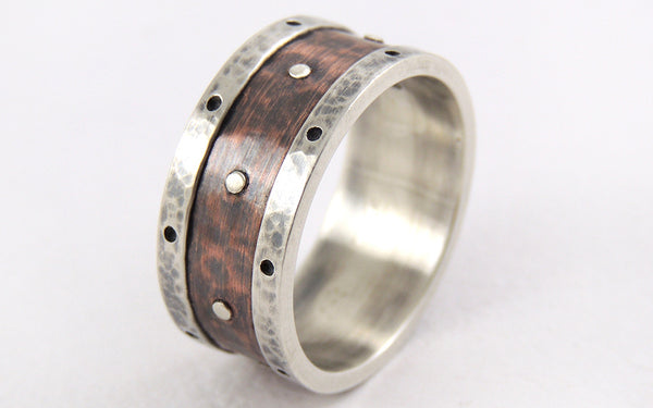 Rustic Engagement Ring for Men, Silver Copper 7mm to 10mm