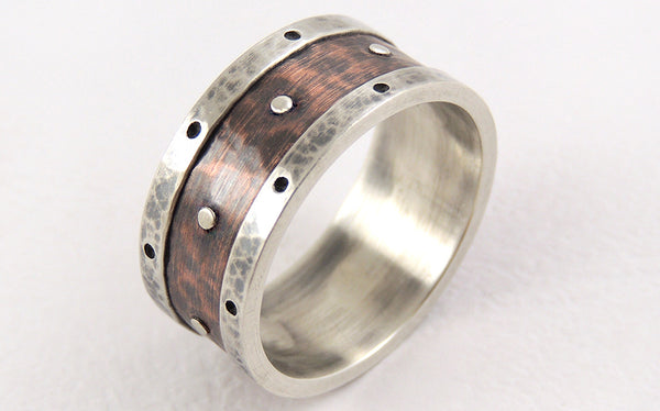 Mens Engagement Band Ring, Silver and Copper
